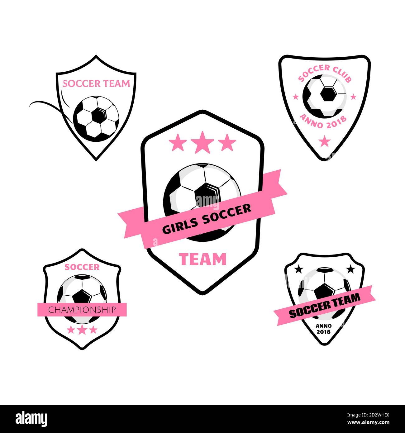 Conjunto de diseño de logotipo de fútbol para mujeres y niñas con balón en  escudo. Simple vector de fútbol etiqueta o emblema en colores rosa. Equipo  de fútbol para chicas Imagen Vector