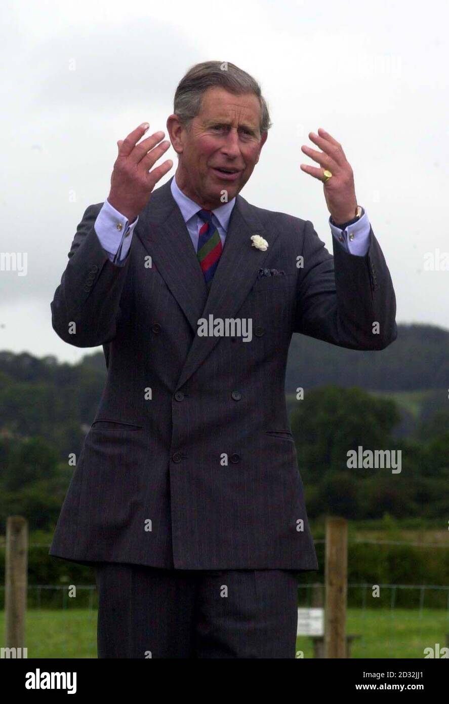 El Príncipe de Gales toca los cuencos durante una visita a Llandrillo, en el norte de Gales, como parte de su tradicional tour de tres días por el país. Foto de stock