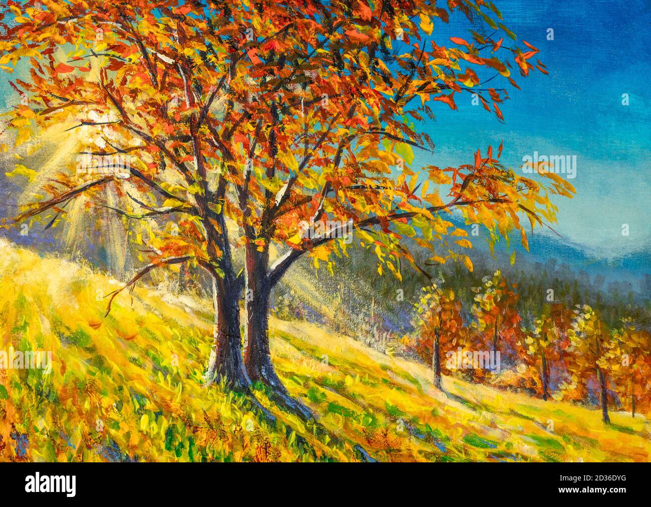 Pintura de otoño. Arte de otoño. Ilustración del Parque Autumnal. Los  árboles y las hojas de otoño en los rayos del sol. Otoño escena Fotografía  de stock - Alamy
