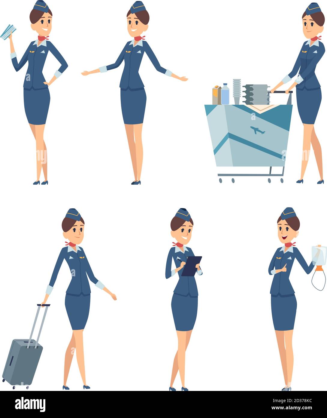 Azafata. Mujer azafata profesional azul uniforme de bordo avión niña vector  dibujos animados personajes Imagen Vector de stock - Alamy