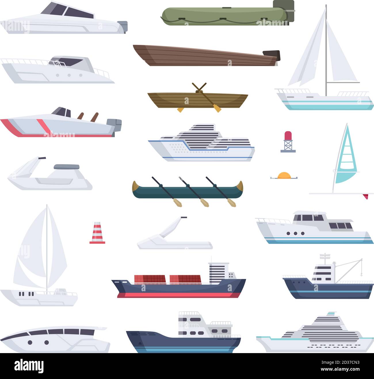 Barcos. Mar agua o barco oceánico buques pequeños y grandes y veleros vector de transporte de dibujos animados Ilustración del Vector