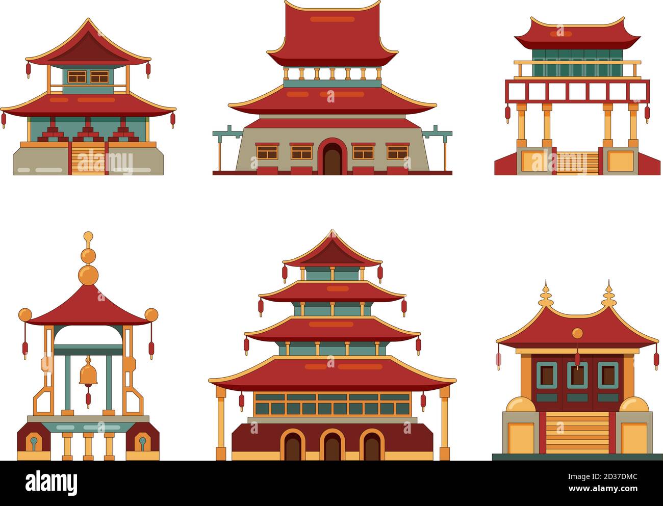 Edificios tradicionales. Japón y china objetos culturales arquitectura pagoda puerta palacio patrimonio vector colección Ilustración del Vector