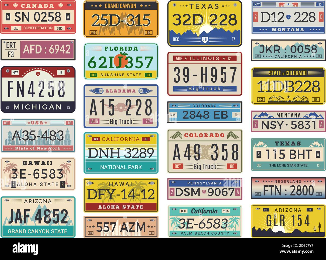 Placas de coche. Números de licencia de automóvil de carretera antigua colección de señales vectoriales estilo retro Ilustración del Vector