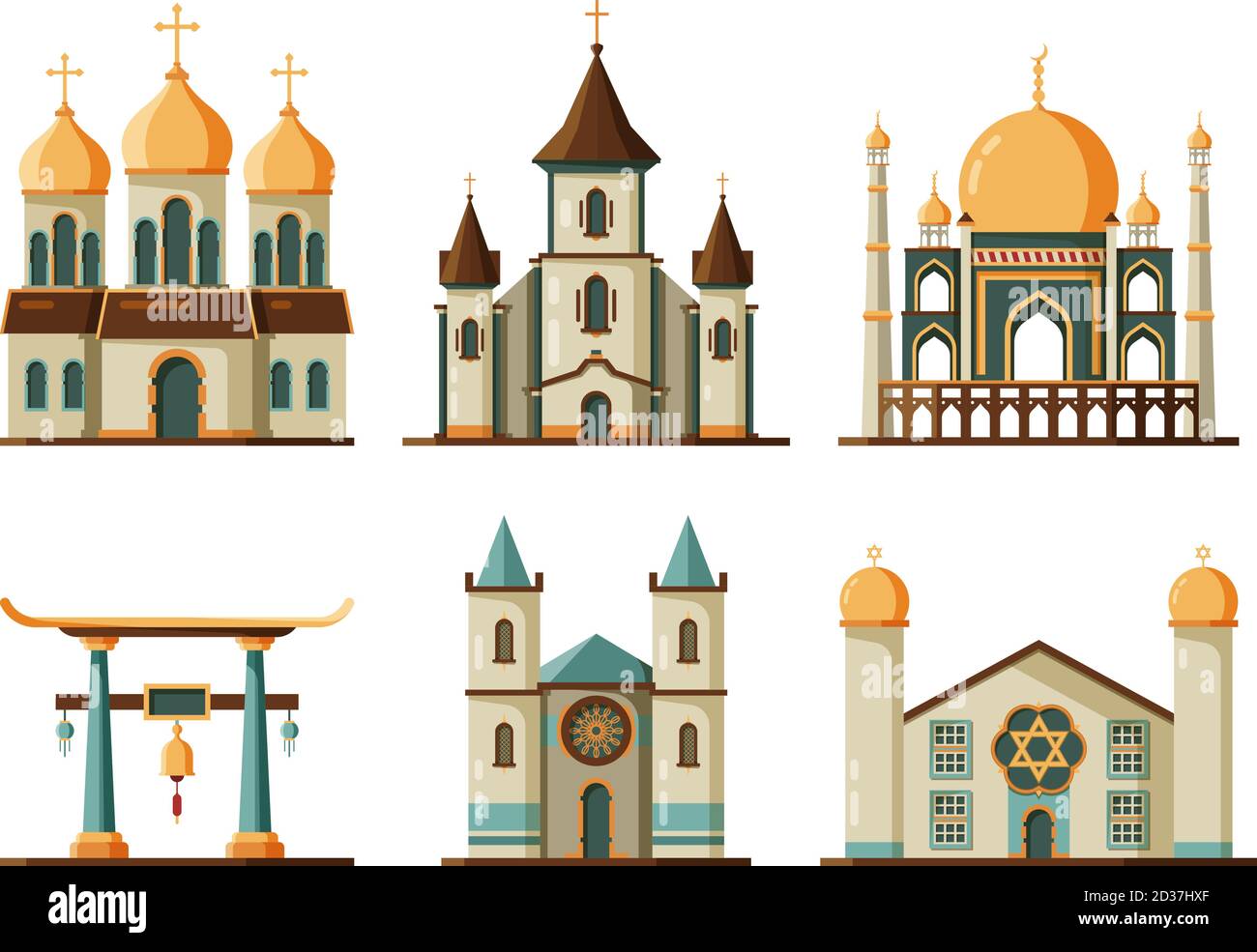 Religión edificios planos. Iglesia luterana y cristiana mezquita musulmana edificios arquitectónicos tradicionales Ilustración del Vector