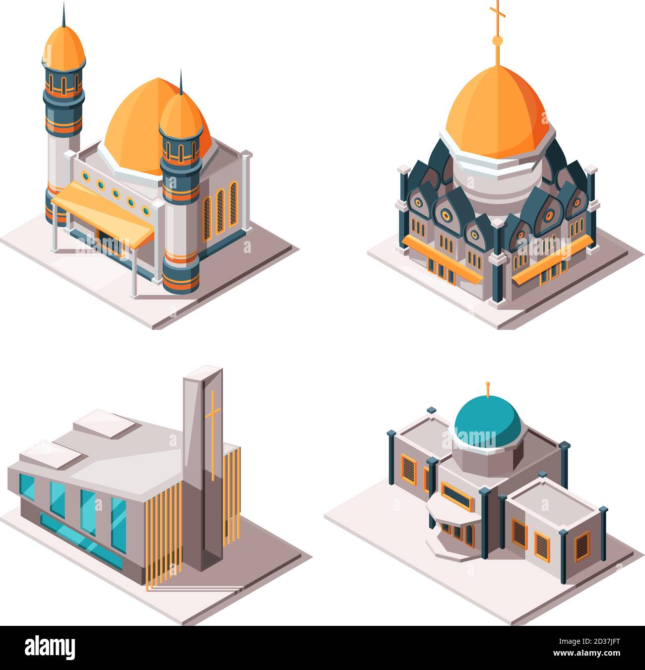 Edificios religiosos. Mezquita musulmana Iglesia luterana religión cultural cristiana y católica tradicional objeto vector isométrico Ilustración del Vector