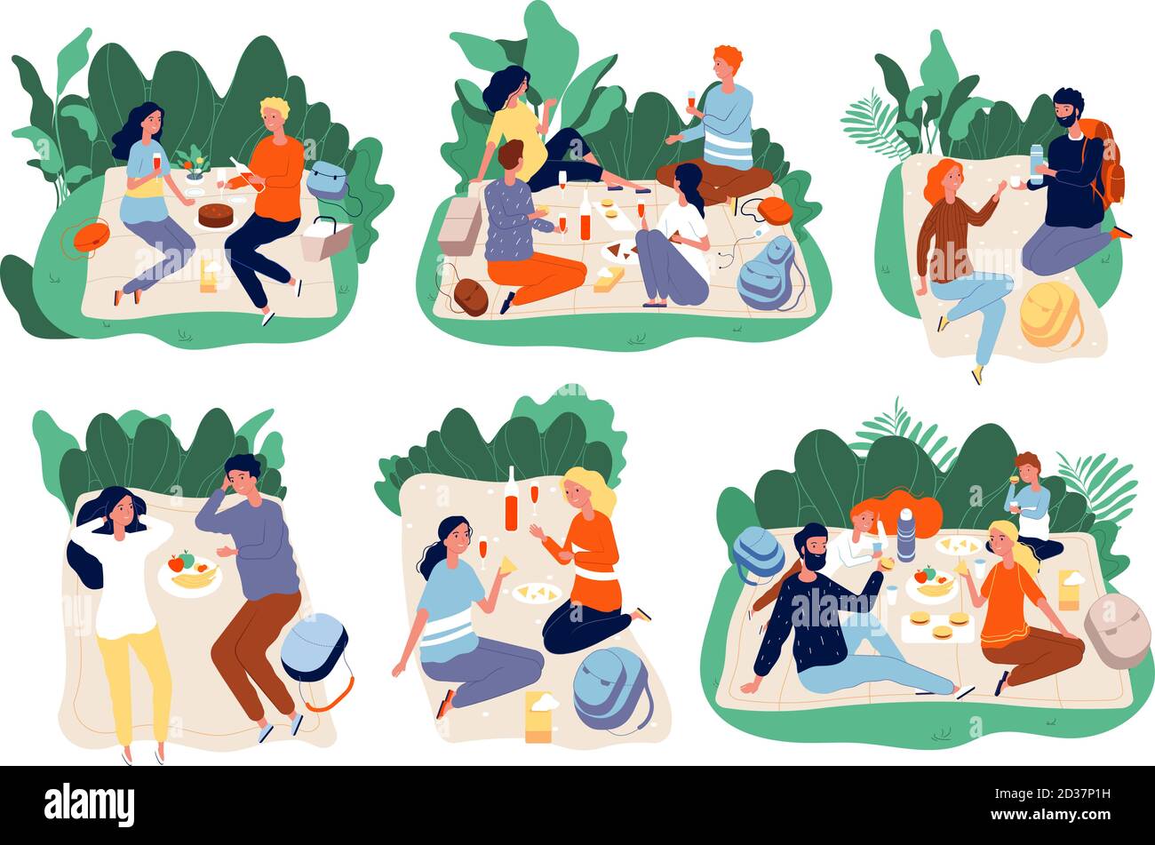 Gente de picnic. Familia al aire libre grupo feliz juntos comer la cena en verde parque de verano vector picnic personajes Ilustración del Vector