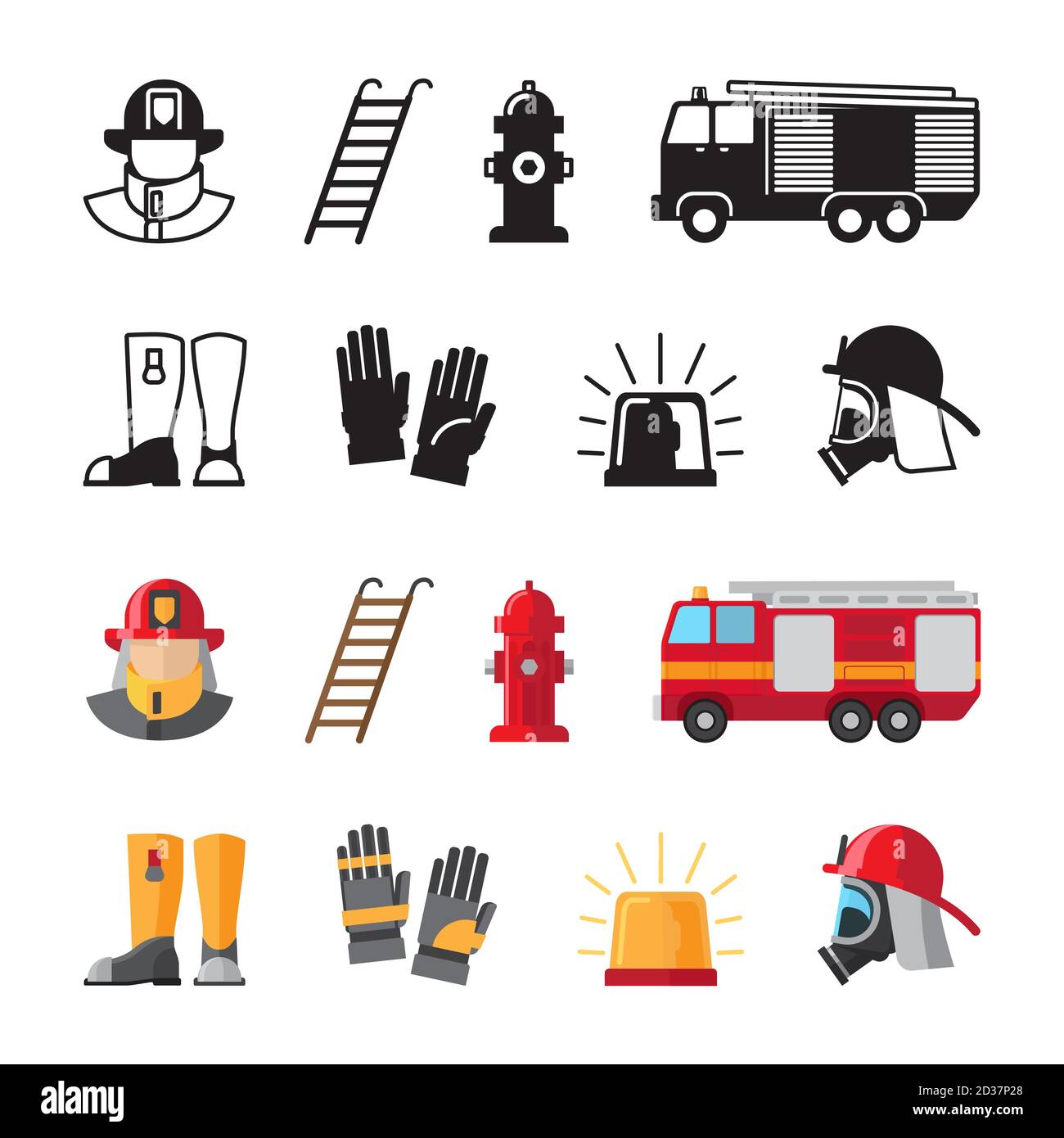 Accesorios de bomberos, herramientas de bomberos iconos vectoriales  aislados sobre fondo blanco. Ilustración de bombero y casco, accesorios y  herramientas para la seguridad Imagen Vector de stock - Alamy