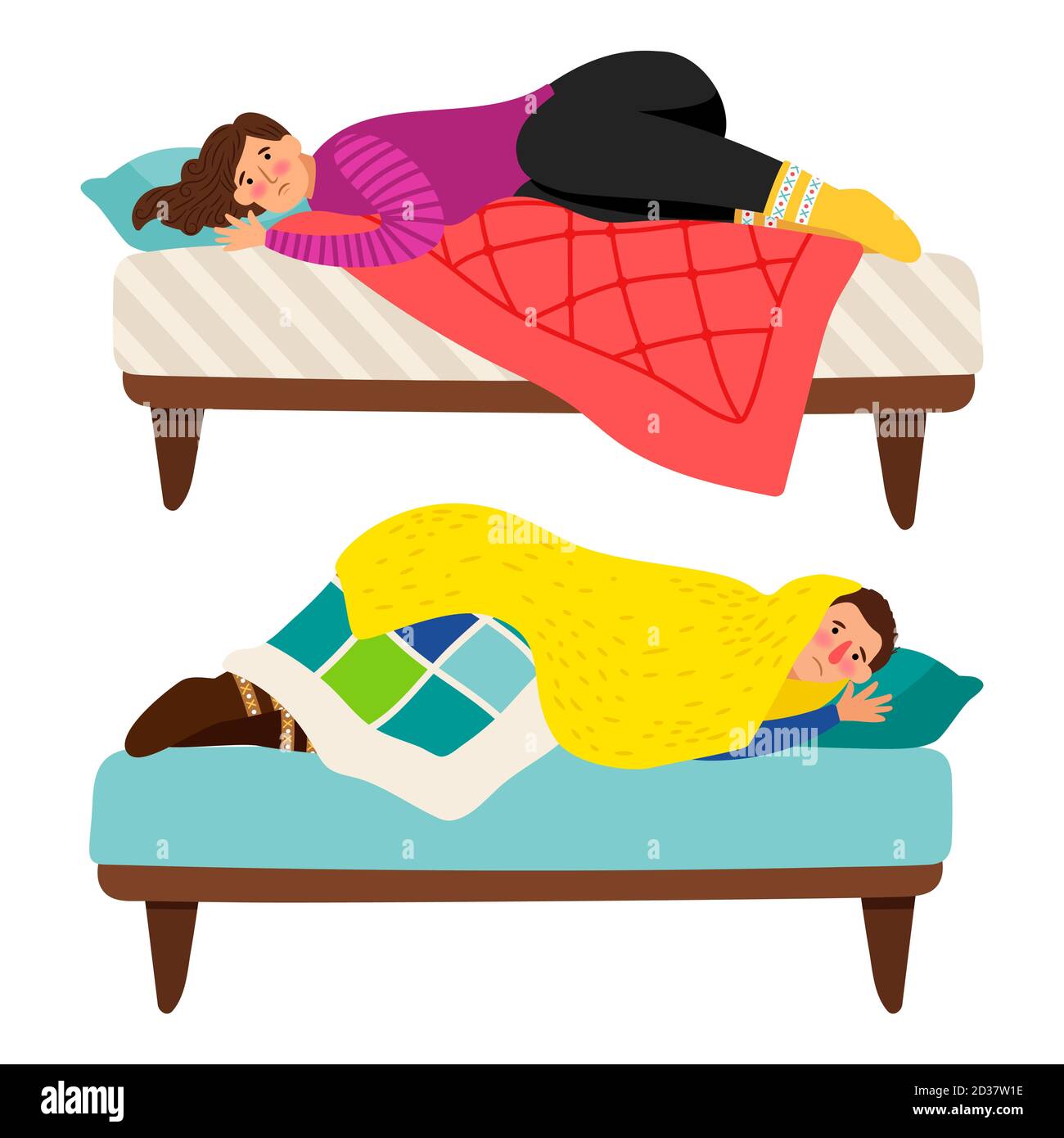 Mujer deprimida y hombre en cama - concepto de vector de depresión.  Ilustración de la depresión de la mujer y el hombre, el problema de la  tristeza Imagen Vector de stock - Alamy