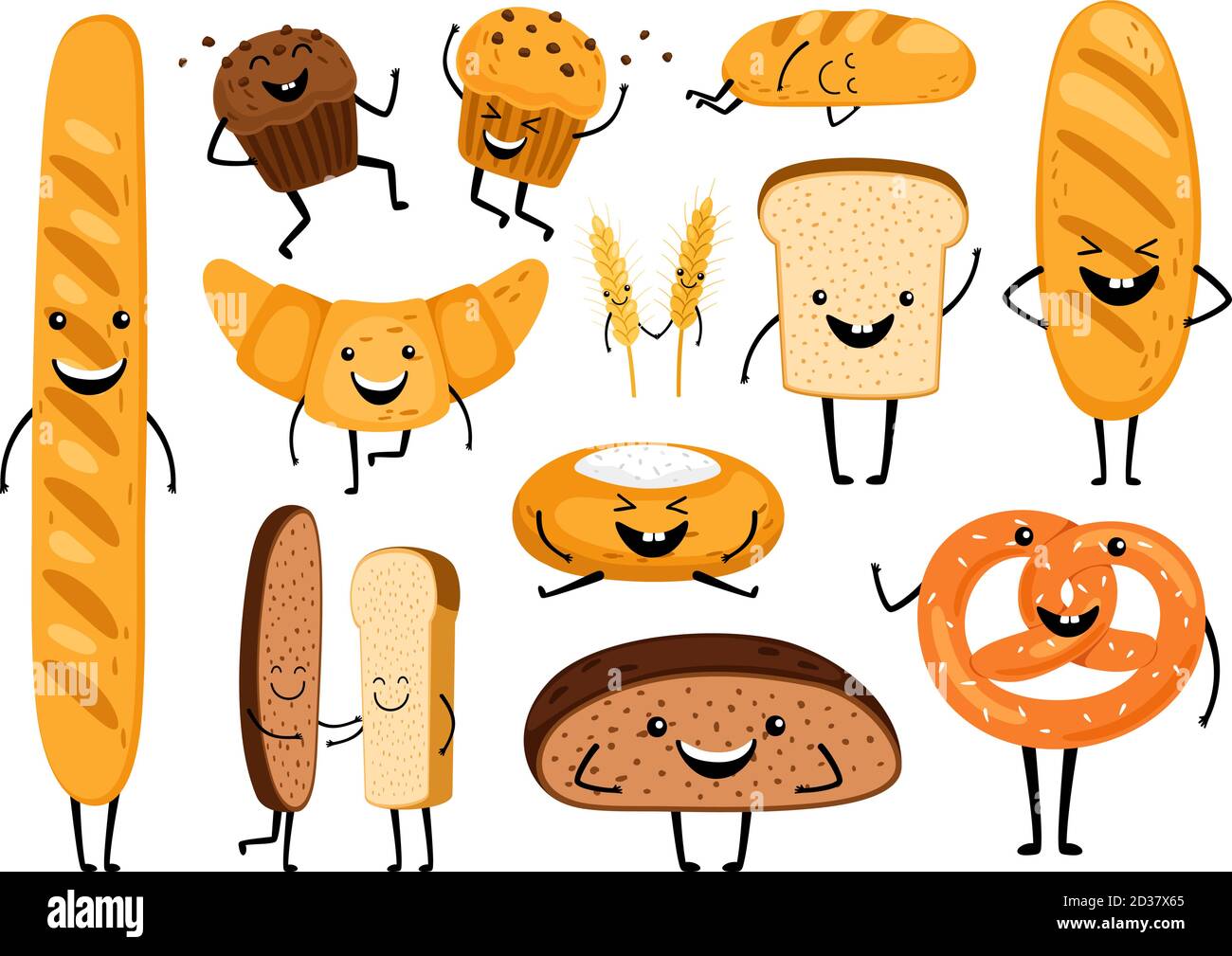 Personajes de pan. Pastelería sabrosa divertida de panadería, dibujos  animados panes felices caras juego de caracteres, croissant kawaii y  pastelería, muffin de chocolate lindo y baguette expresión vector  ilustración Imagen Vector de