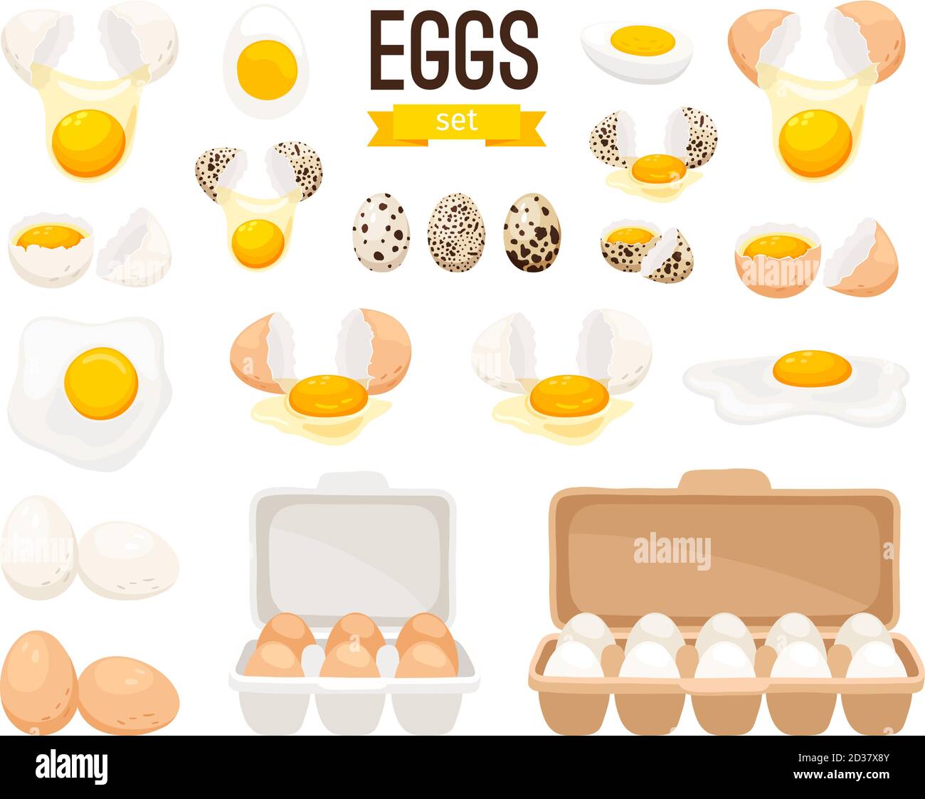Huevos frescos y hervidos. Dibujos animados huevos rotos con cáscara de  huevo agrietada, en caja de cartón y la mitad del huevo con ilustración de  vector de la yema Imagen Vector de