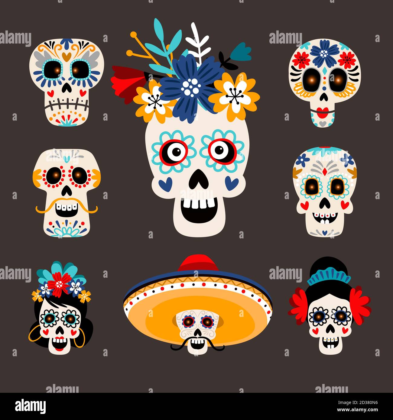 Cabezas de azúcar muertas mexicanas. Divertidas imágenes de cráneo para el  día de los muertos, el festival mexicano dia de los muertos, esqueletos de  dibujos animados cabeza con caras felices y aterradoras