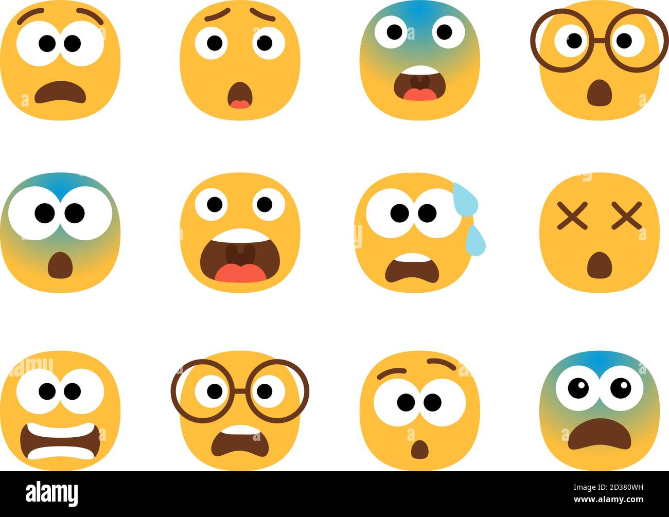 Caras de emoticono asustadas. Vector temiendo emoji conjunto, miedo  gritando cara, nervioso y estrés personajes de dibujos animados Imagen  Vector de stock - Alamy