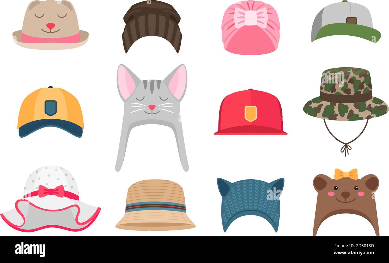Ilustraciones de sombreros para niños. Sombrero para niños, invierno y  verano, con animales para niñas y niños scouts aislados sobre fondo blanco  Imagen Vector de stock - Alamy