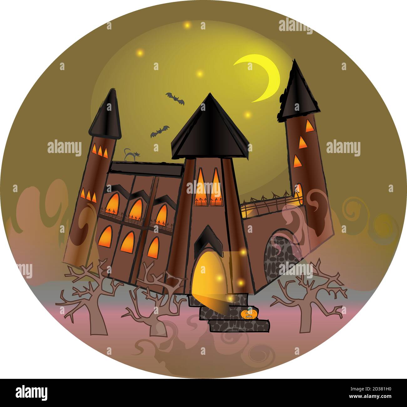 Halloween fondo con miedo vampiros castillo y niebla espeluznante en noche Ilustración del Vector