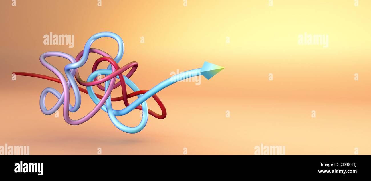 Concept el camino soluciones de problemas. Camino complicado. Tarea de solución de forma caótica. Ilustración 3d de negocios creativos Foto de stock
