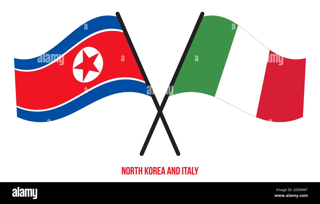 Corea del Norte e Italia banderas cruzaron y agitando estilo plano. Proporción oficial. Corregir colores. Ilustración del Vector