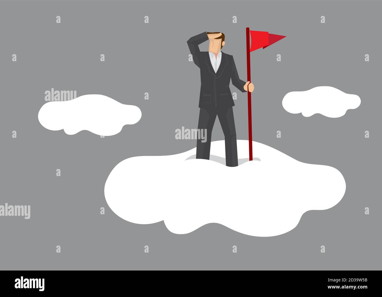 Hombre de negocios de dibujos animados de pie en la nube con la mano sosteniendo una bandera roja y los ojos blindados mirando lejos. Ilustración vectorial de la metáfora de la visión lejana Ilustración del Vector