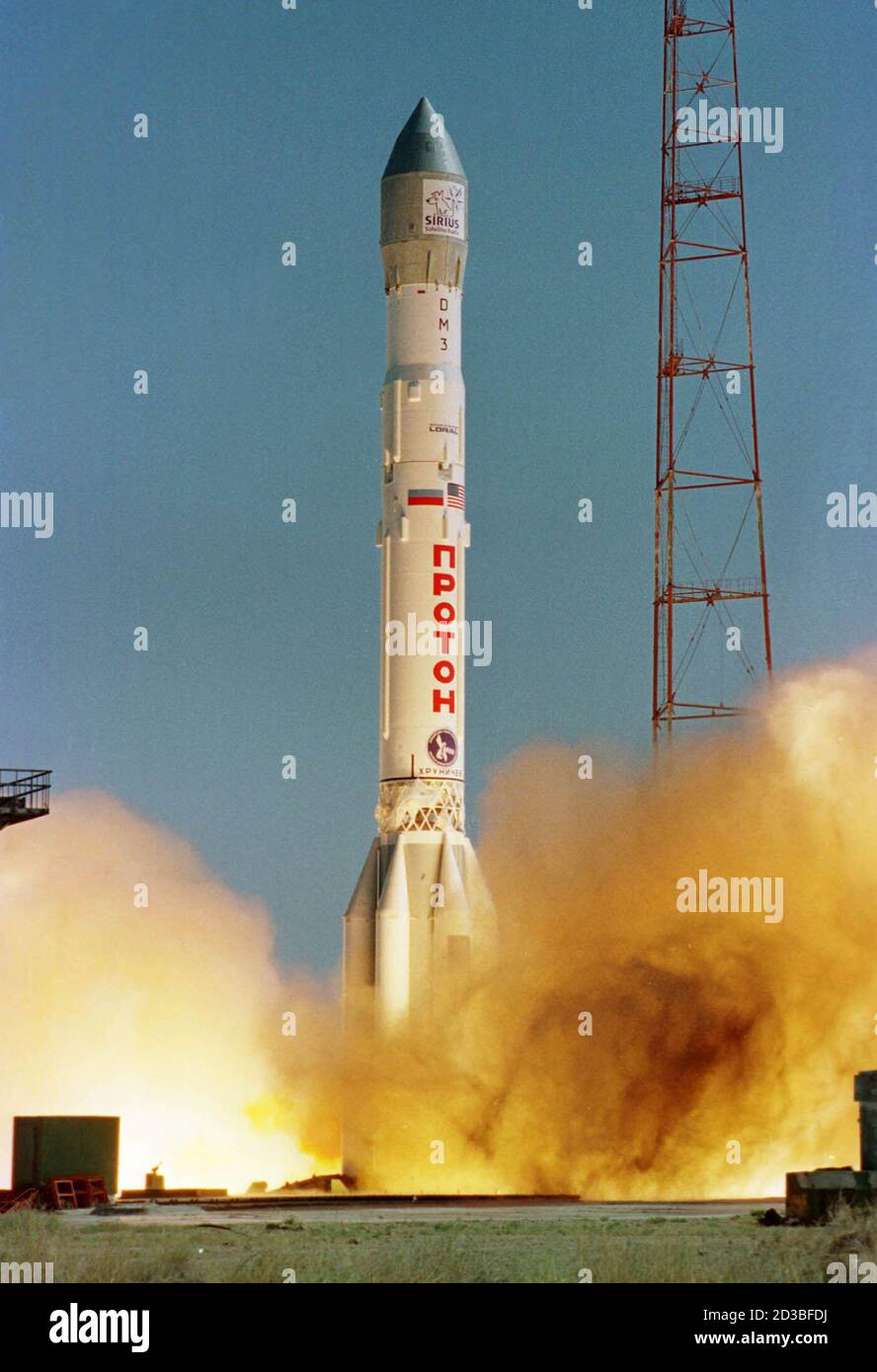 The sixteenth launch of the Proton for International Launch Services  carrying the Sirius 2 satellite lifts of its launch pad from Baikonur  Kazakhstan on September 5, 2000. The spacecraft built by Space