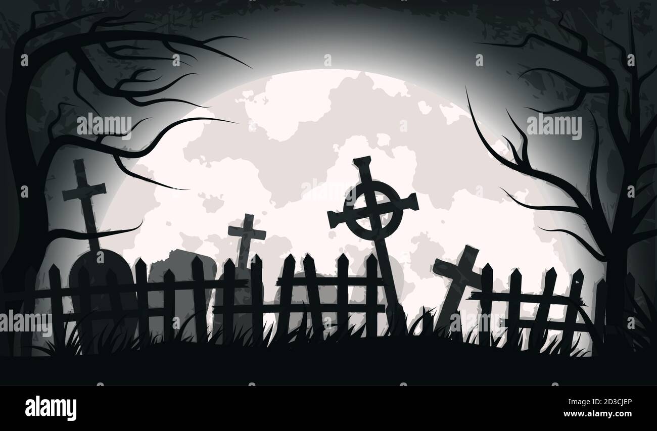 Antiguo cementerio de miedo con lápidas y cruces. Especial para Halloween. EPS 10 Ilustración del Vector