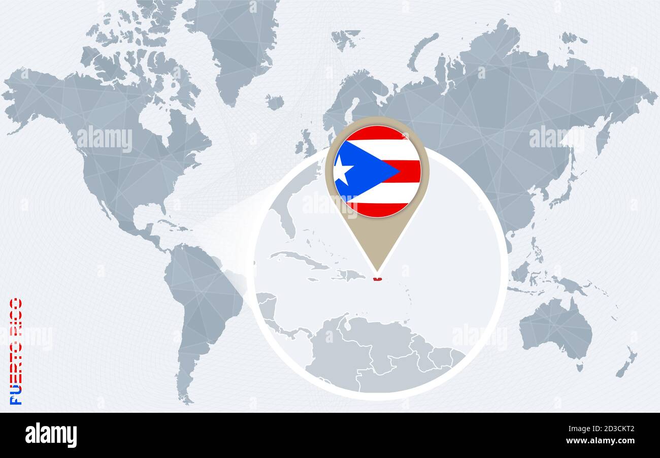Resumen mapa del mundo azul con Puerto Rico magnificado. Bandera y mapa de Puerto  Rico. Ilustración vectorial Imagen Vector de stock - Alamy