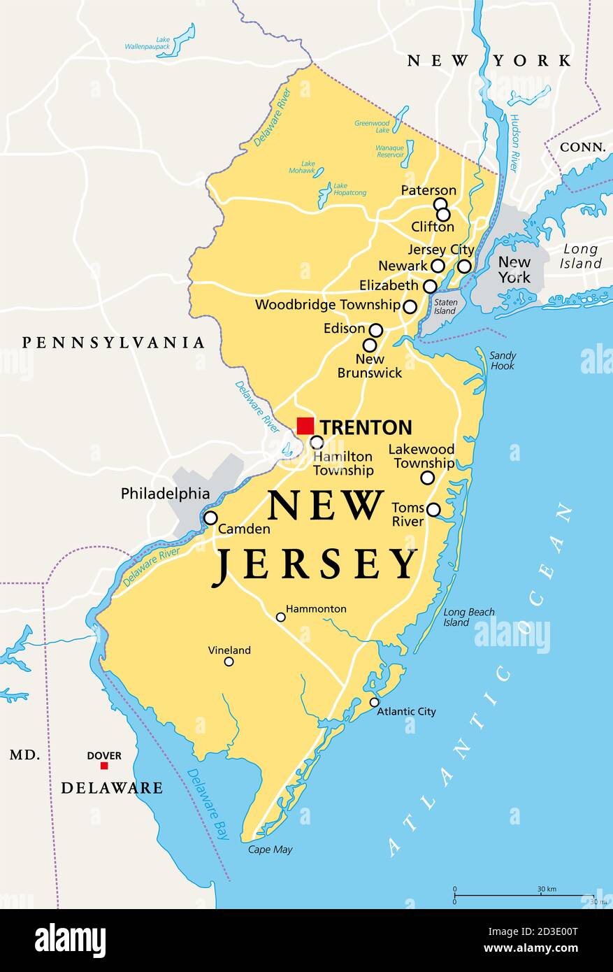 Nueva Jersey, NJ, mapa político con la capital Trenton. Estado en la región del Atlántico Medio del noreste de los Estados Unidos de América. El Estado Jardín. Foto de stock