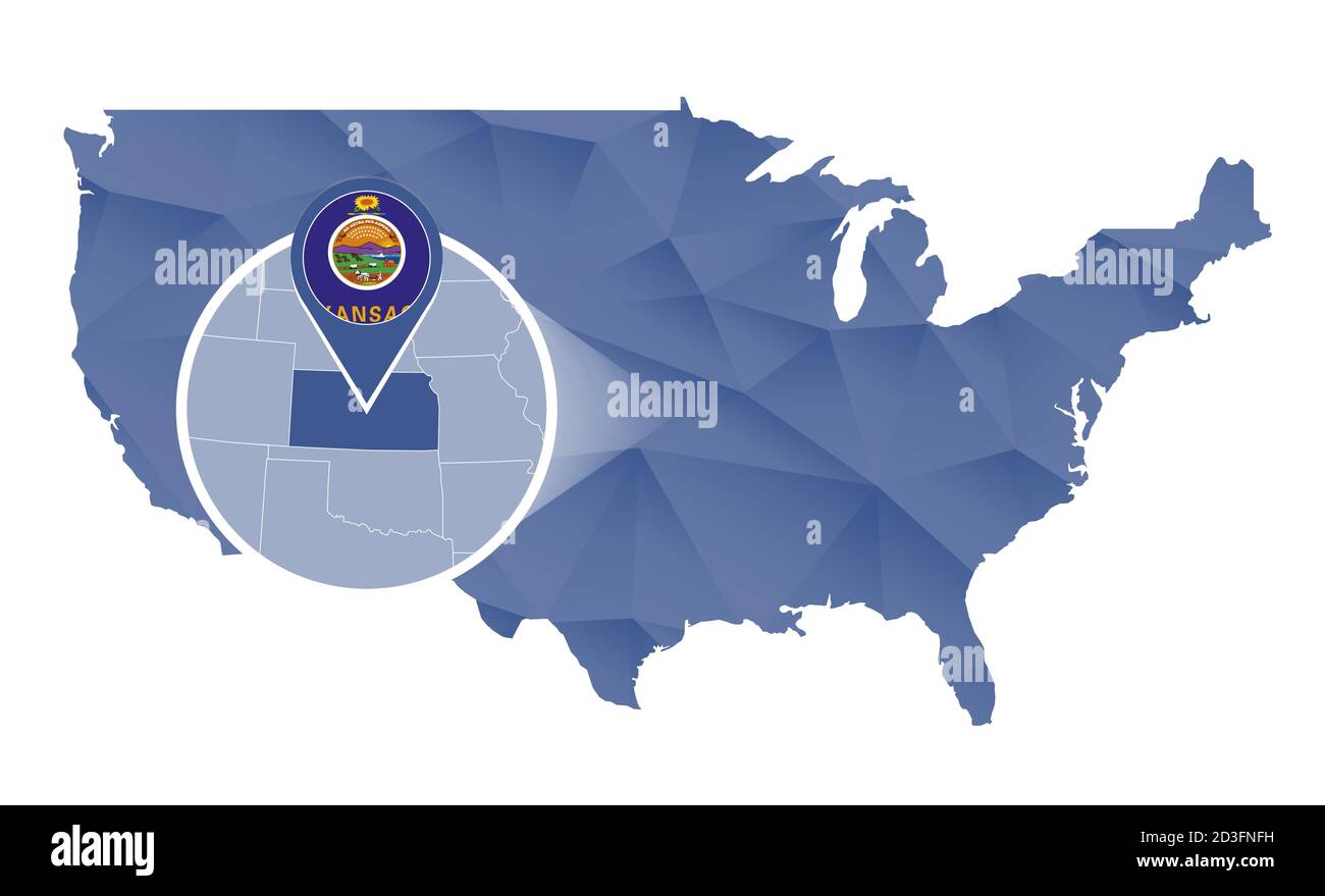 Estado de Kansas magnificado en el mapa de Estados Unidos. Resumen Mapa