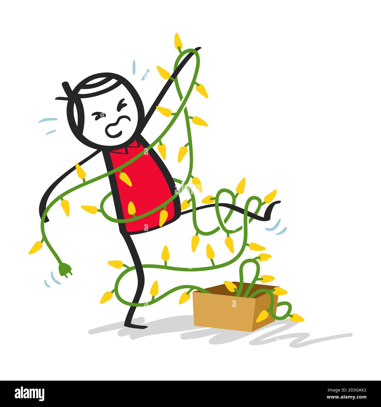 Molesto y torpe palo hombre enredado en la cadena de luces de Navidad, dibujos animados divertidos, anual preparaciones de Navidad va bien Ilustración del Vector