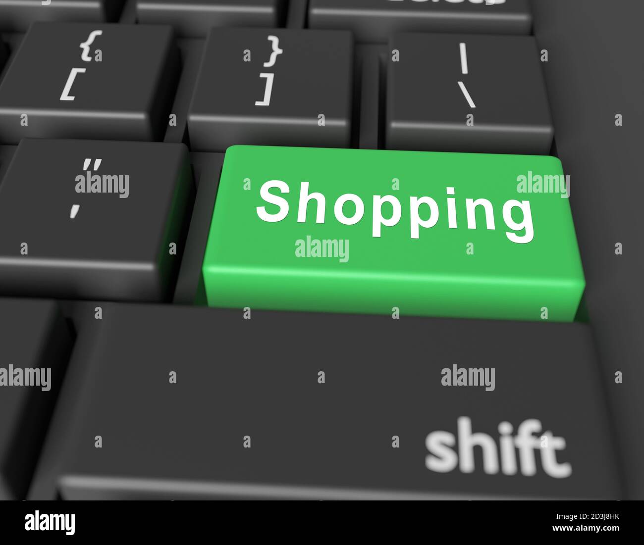 Concepto de compras. Word Shopping en el botón del teclado del ordenador. renderizado en 3d Foto de stock