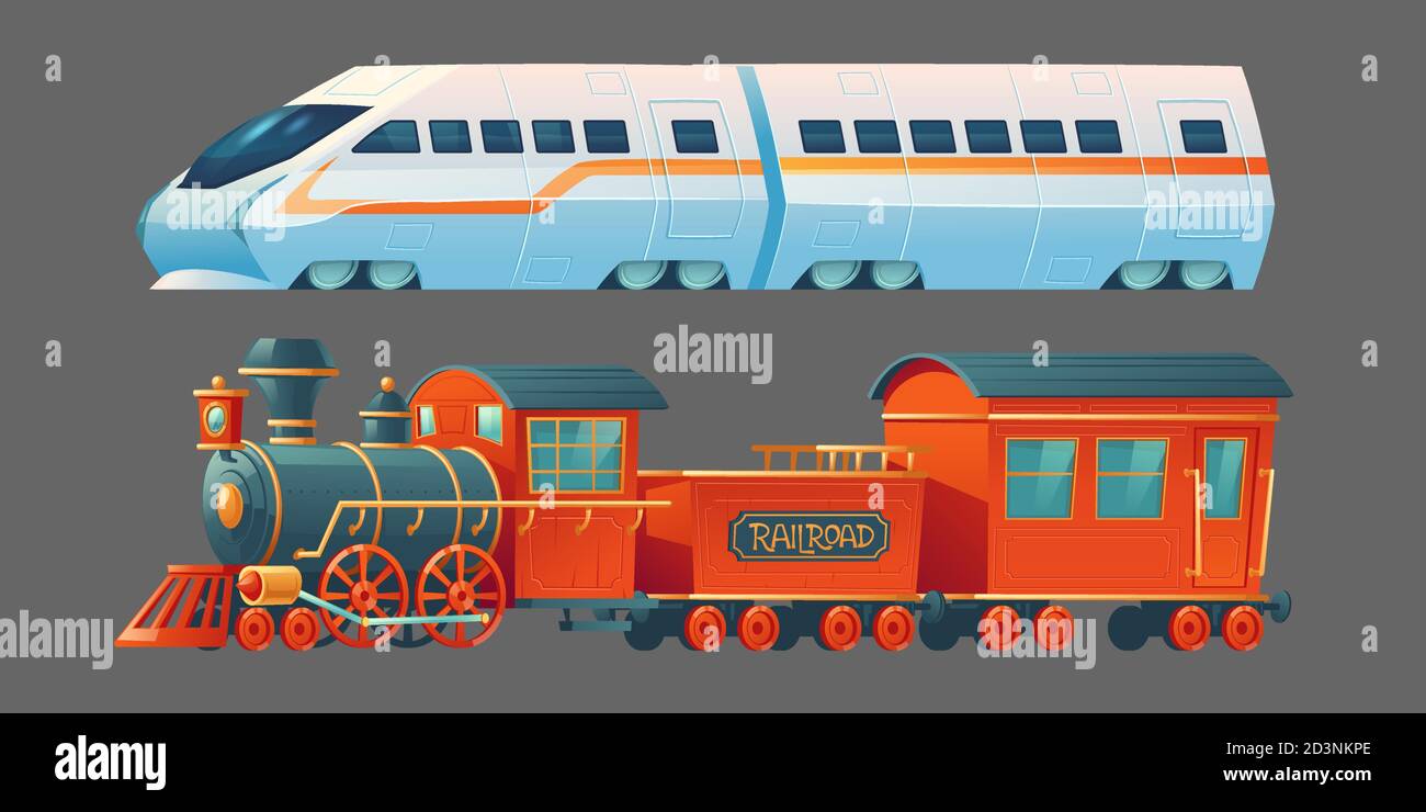Trenes antiguos y modernos, transporte de vapor antiguo ferrocarril y  locomotora de metro contemporáneo, ciudad ferrocarril transporte de  cercanías vista lateral aislada sobre fondo gris. Ilustración vectorial de  dibujos animados Imagen Vector