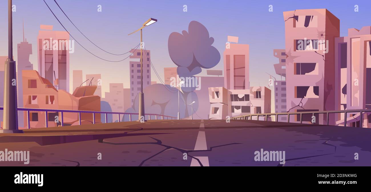 Ciudad destruir en la zona de guerra, edificios abandonados y puente con humo. Destrucción de cataclismos, desastre natural o ruinas del mundo post-apocalíptico con carretera y calle rotas, ilustración de vectores de dibujos animados Ilustración del Vector