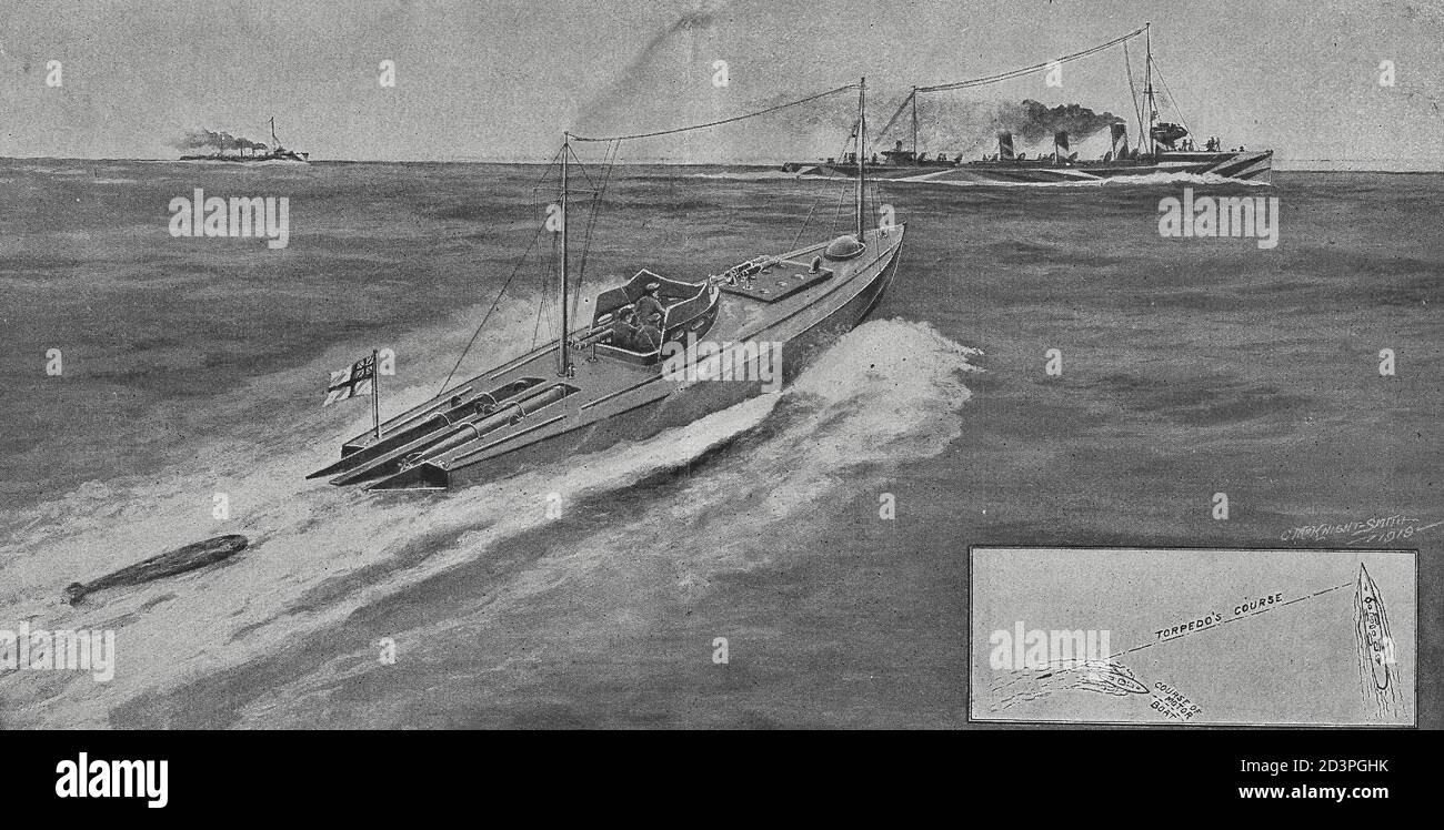 Uno de los barcos de motor costeros que hace un ataque de torpedo, 1919 Foto de stock