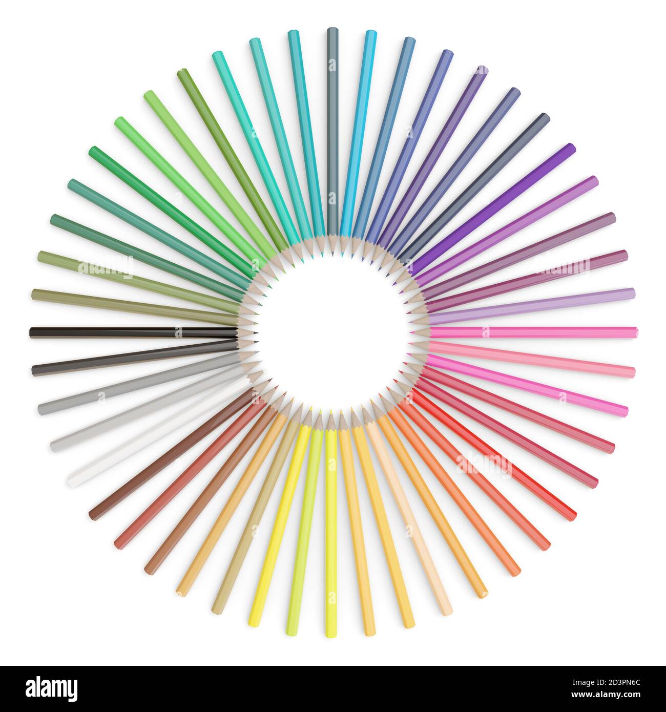Juego de lápices de colores dispuestos en un círculo sobre fondo blanco. ilustración 3d. Foto de stock