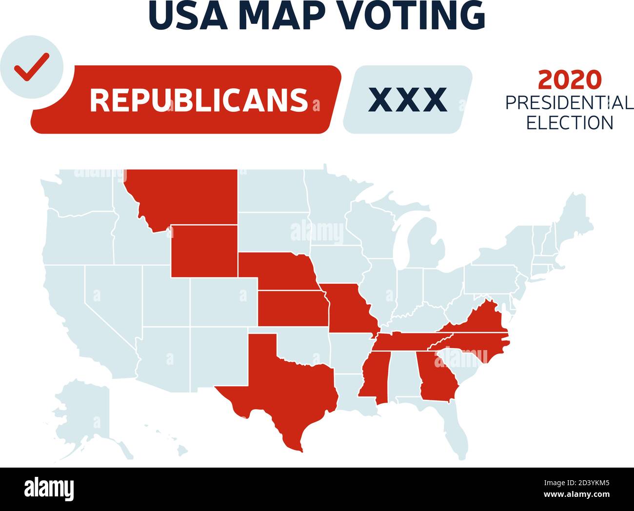 Mapa de resultados de las elecciones presidenciales de los republicanos en  los Estados Unidos. Mapa de EE.UU. Votación. Mapa de elecciones  presidenciales cada estado votos electorales americanos mostrando  republicanos o Imagen Vector