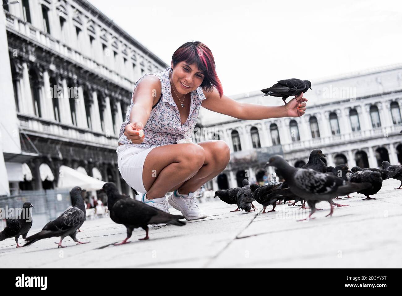 Una mujer arrodillada con pelo de color alimenta a muchas palomas en la plaza San Marco de Venecia. Foto de stock