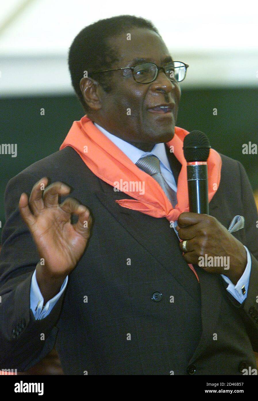 El presidente de Zimbabwe, Robert Mugabe, pronunció un discurso en sus celebraciones oficiales celebradas por la juventud de Zimbabwe y el Movimiento 21 de febrero en la ciudad turística de Victoria Falls el 24 de febrero de 2001. Mugabe, que tenía 77 años el miércoles, prometió seguir adelante con su controvertido programa de reforma agraria, diciendo que era la única solución a la crisis económica del país. HB/AA Foto de stock