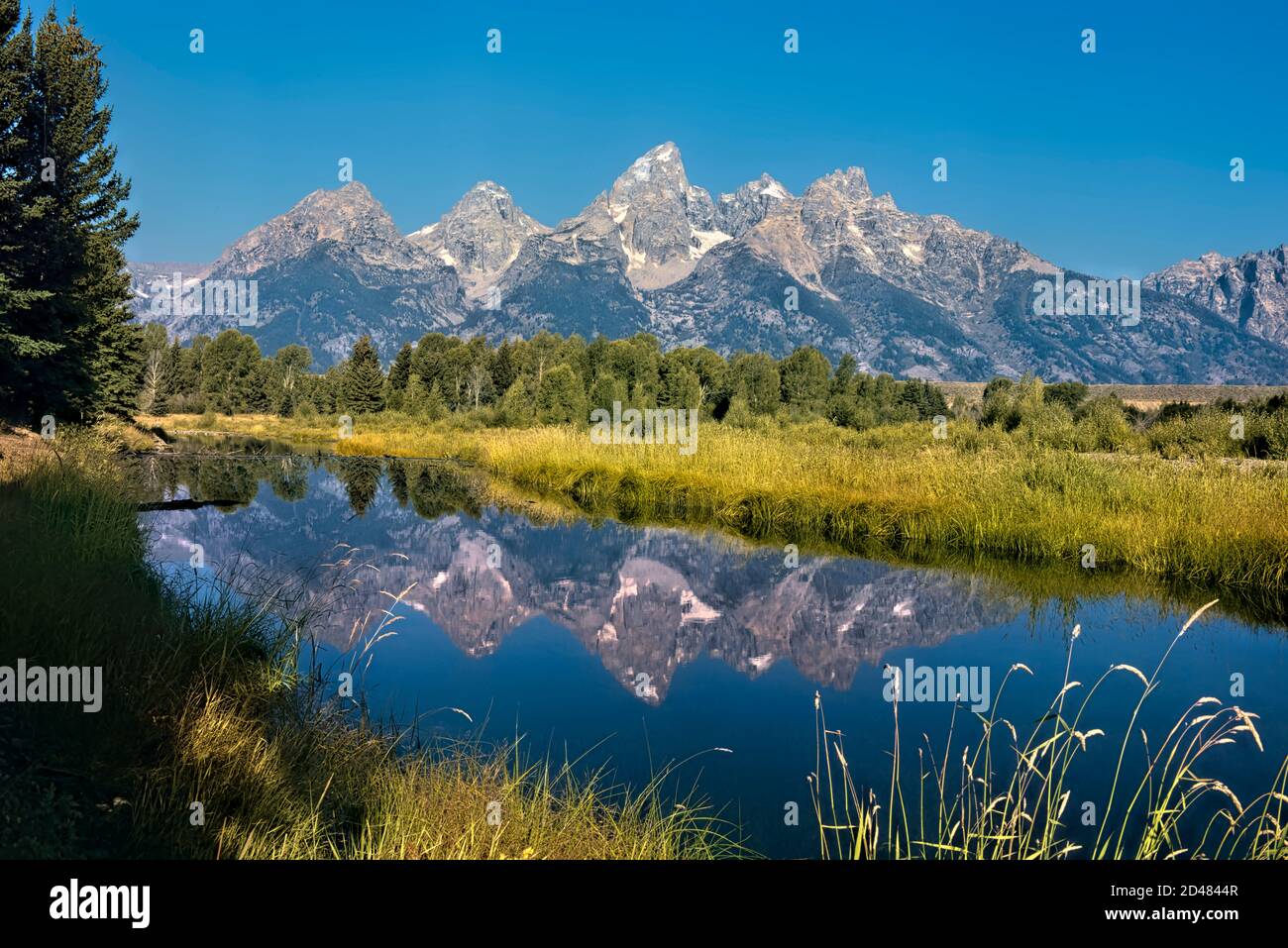 Vista clásica del Grand Tetons, Schwabacher's Landing, Grand Teton National Park, Wyoming, EE.UU Foto de stock