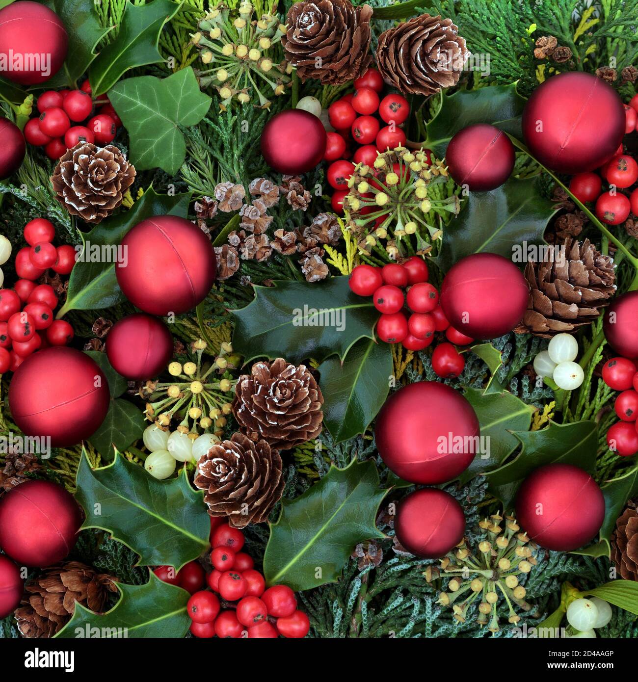 Fondo decorativo de Navidad con adornos de bolas rojas y verdor de invierno  de acebo, hiedra, muérdago, hojas de cedro y conos de pino Fotografía de  stock - Alamy
