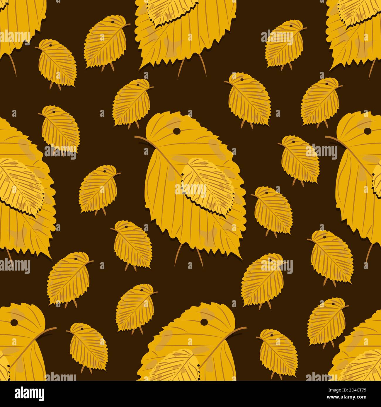 Patrón sin costuras con pollos hechos de hojas de abedul amarillo fondo oscuro Ilustración del Vector