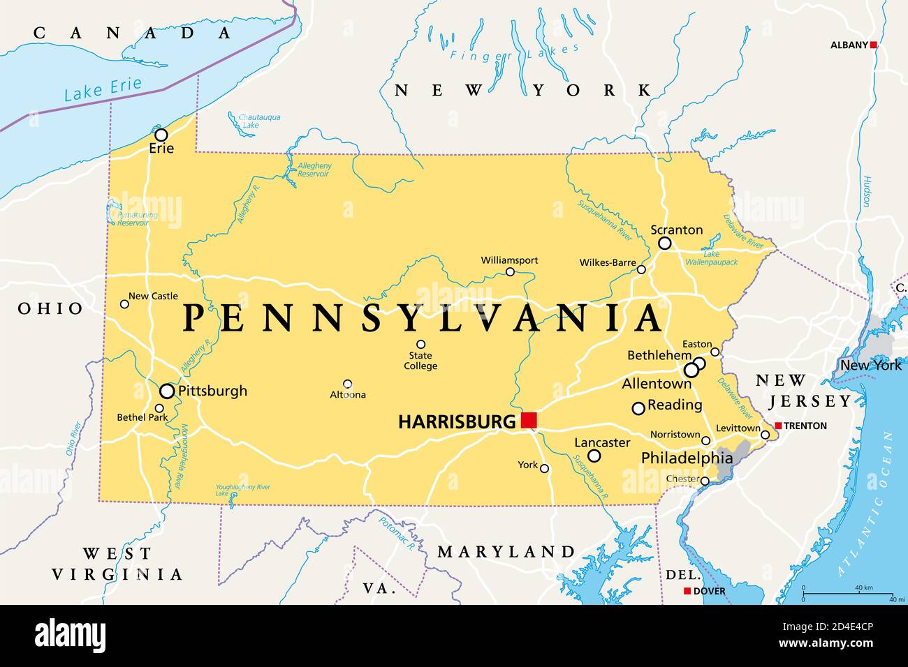 Pennsylvania, PA, mapa político. Oficialmente el Estado libre asociado de Pensilvania. Estado en el noreste de los Estados Unidos de América. Capital Harrisburg. Foto de stock