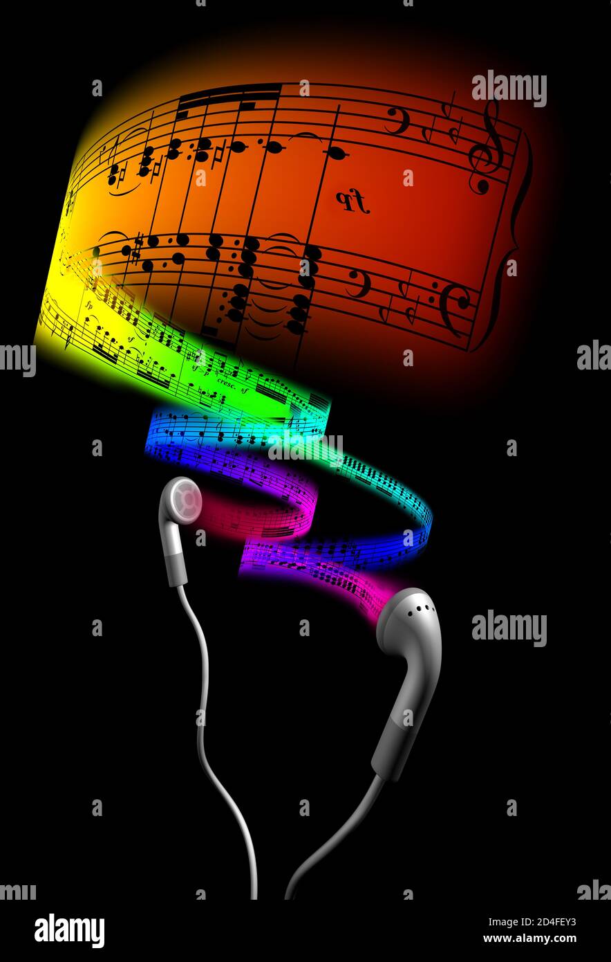 música procedente de auriculares, fondo negro, notación musical, colores arcoiris. Foto de stock