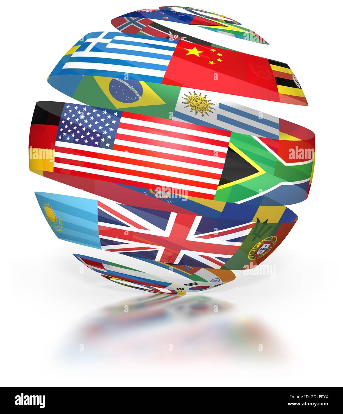 Globo de banderas del mundo, espiral mostrando símbolos internacionales, cinta de fondo blanco Foto de stock