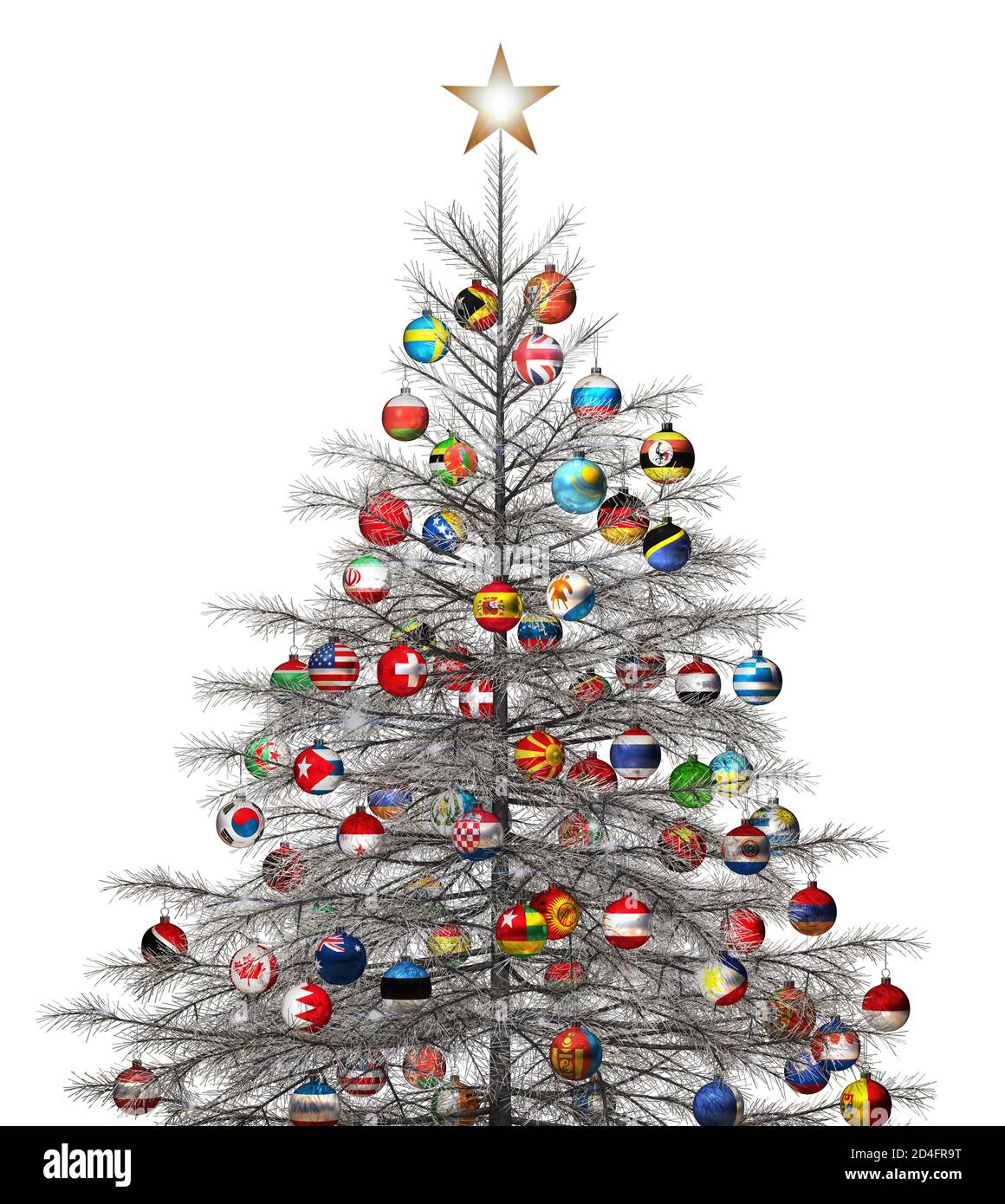 Árbol de Navidad plata bandera bolas países del mundo decoración adorno con fondo blanco Foto de stock