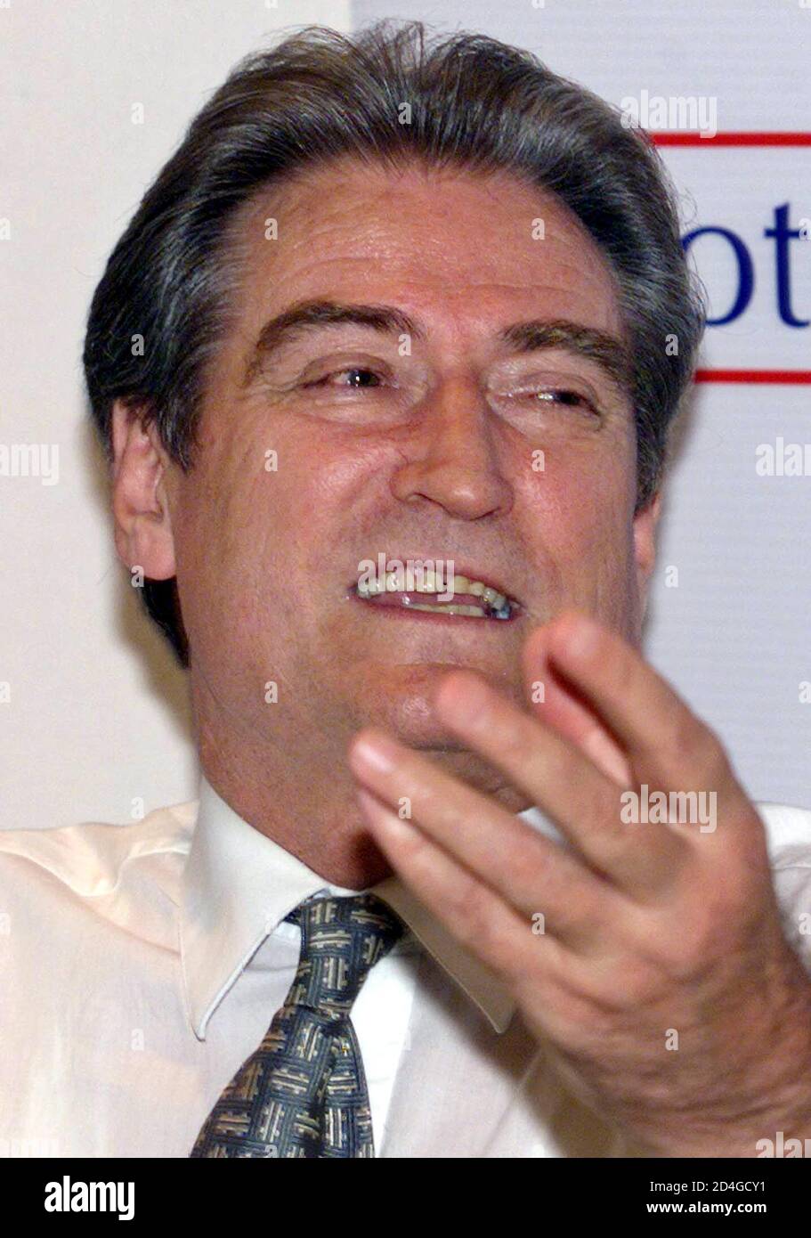 Former Albanian President Sali Berisha Leader Of Albania S Opposition Democratic Party Speaks During A News Conference In Tirana June 26 2001 Berisha Claimed His Coalition Union For Victory Had Won The Elections