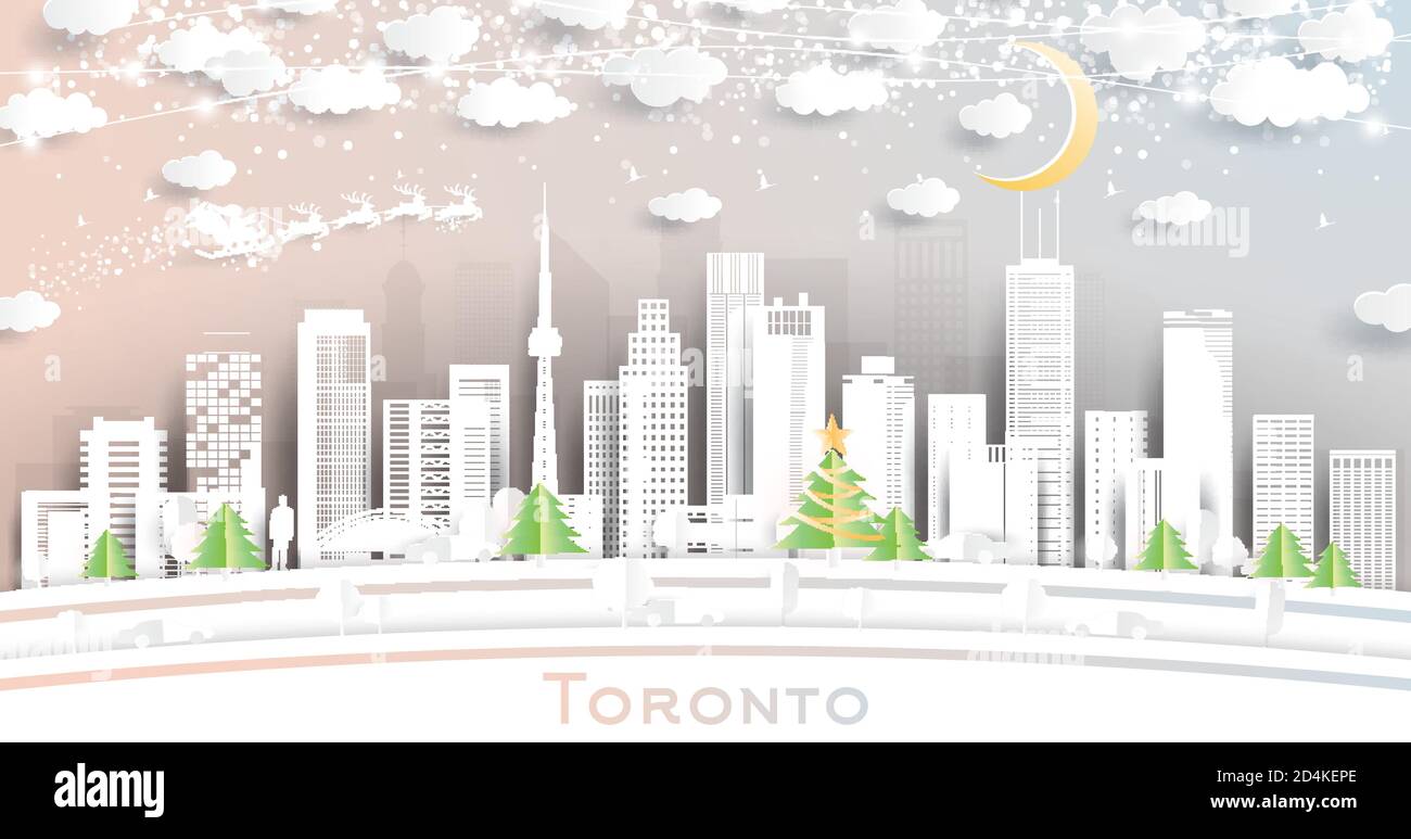 Toronto Canada City Skyline en estilo de corte de papel con copos de nieve, Luna y Neon Garland. Ilustración vectorial. Concepto de Navidad y año Nuevo. Ilustración del Vector