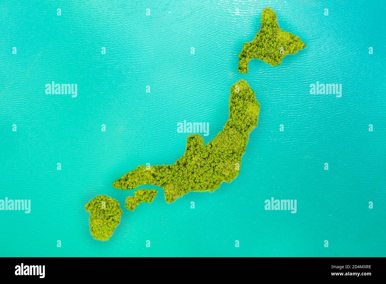 Vista aérea pequeña isla verde que se parece a Japón Foto de stock
