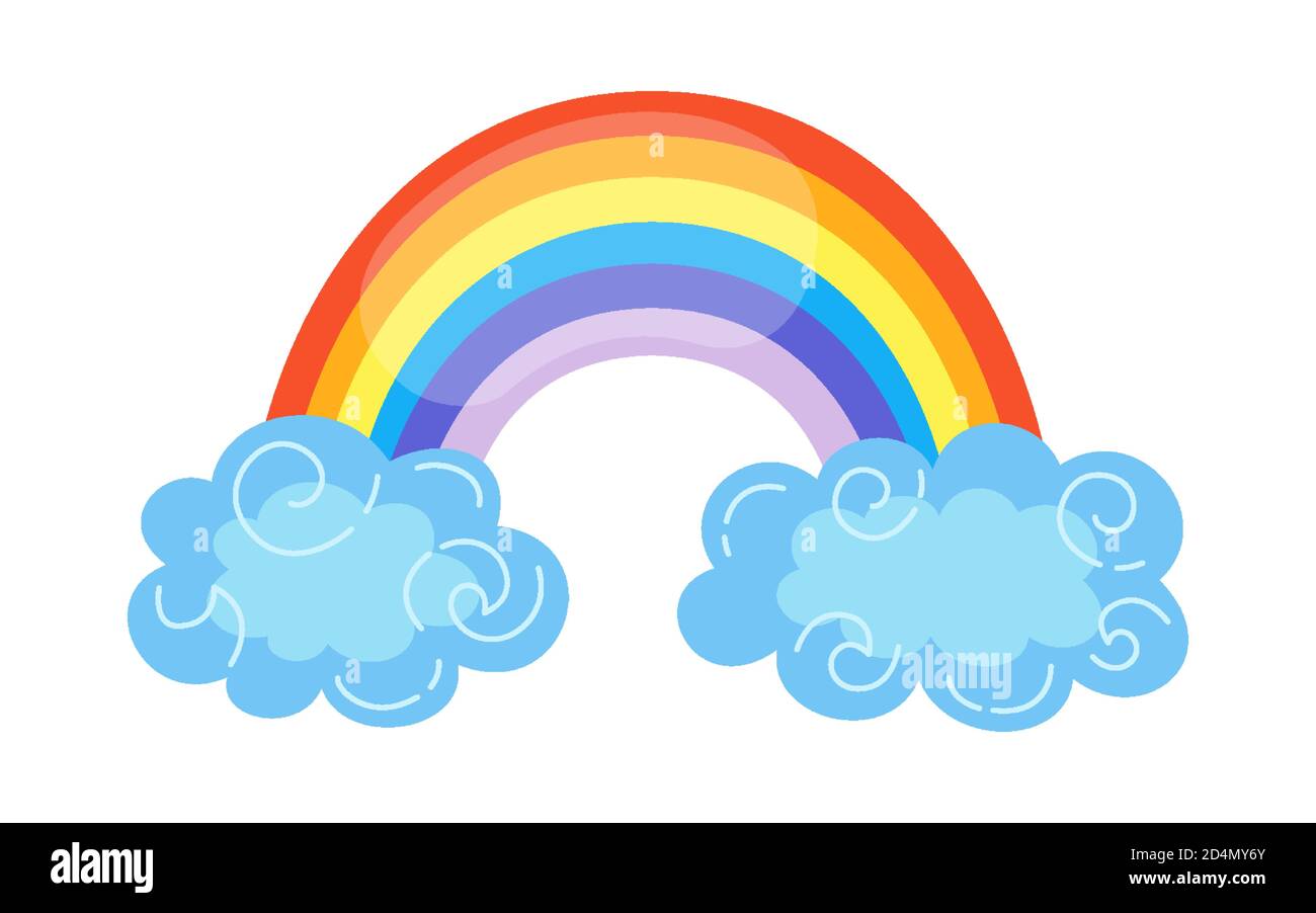 Arco iris con nubes estilo de dibujos animados. Resumen colores de arco iris  plano símbolo dibujado a mano. Bonito elemento de clima natural brillante  para los niños. Para impresión, tarjeta, tela. Ilustración