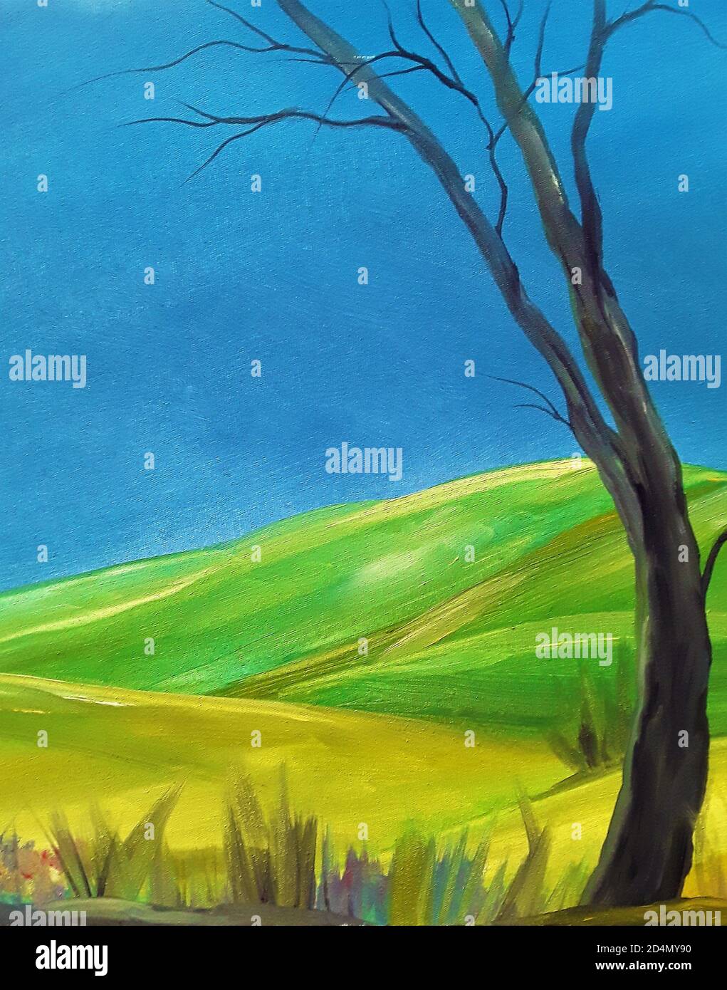 Pintura al óleo, paisaje, dibujo artesanal, ilustración. Verdes y amarillos  prados, colinas, cielo, nubes azules, plantas y árboles secos. Óleo sobre  lienzo Fotografía de stock - Alamy