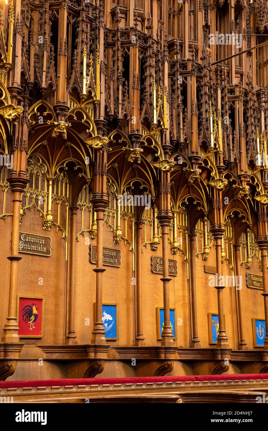 Reino Unido, Inglaterra, Yorkshire, York Minster, Quire, puestos de coro de madera Foto de stock