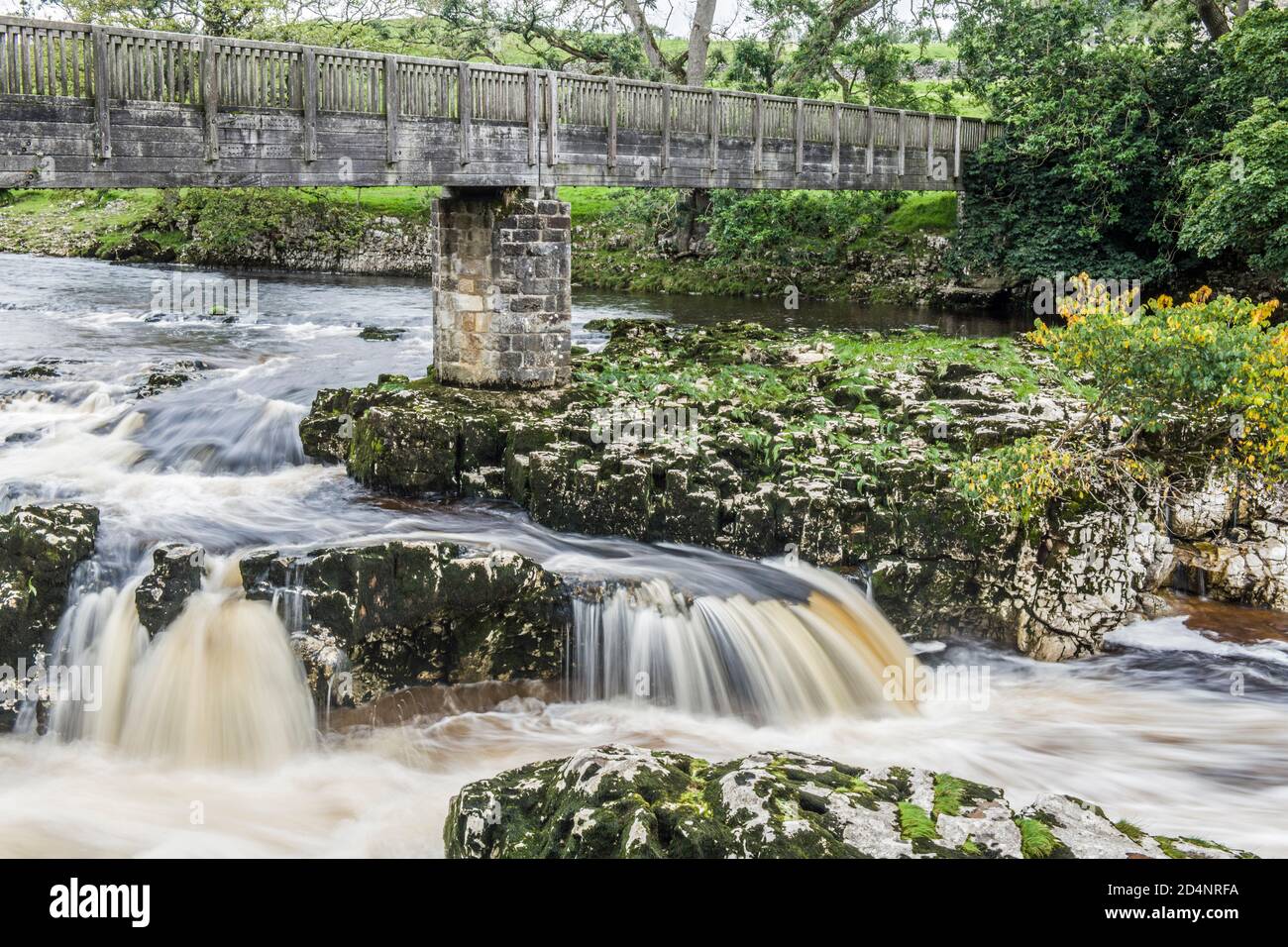 Las cataratas de Linton cerca de Linton y Grassington, con el puente peatonal de madera sobre las cataratas y el río Wharfe en el Parque Nacional de Yorkshire Dales Foto de stock