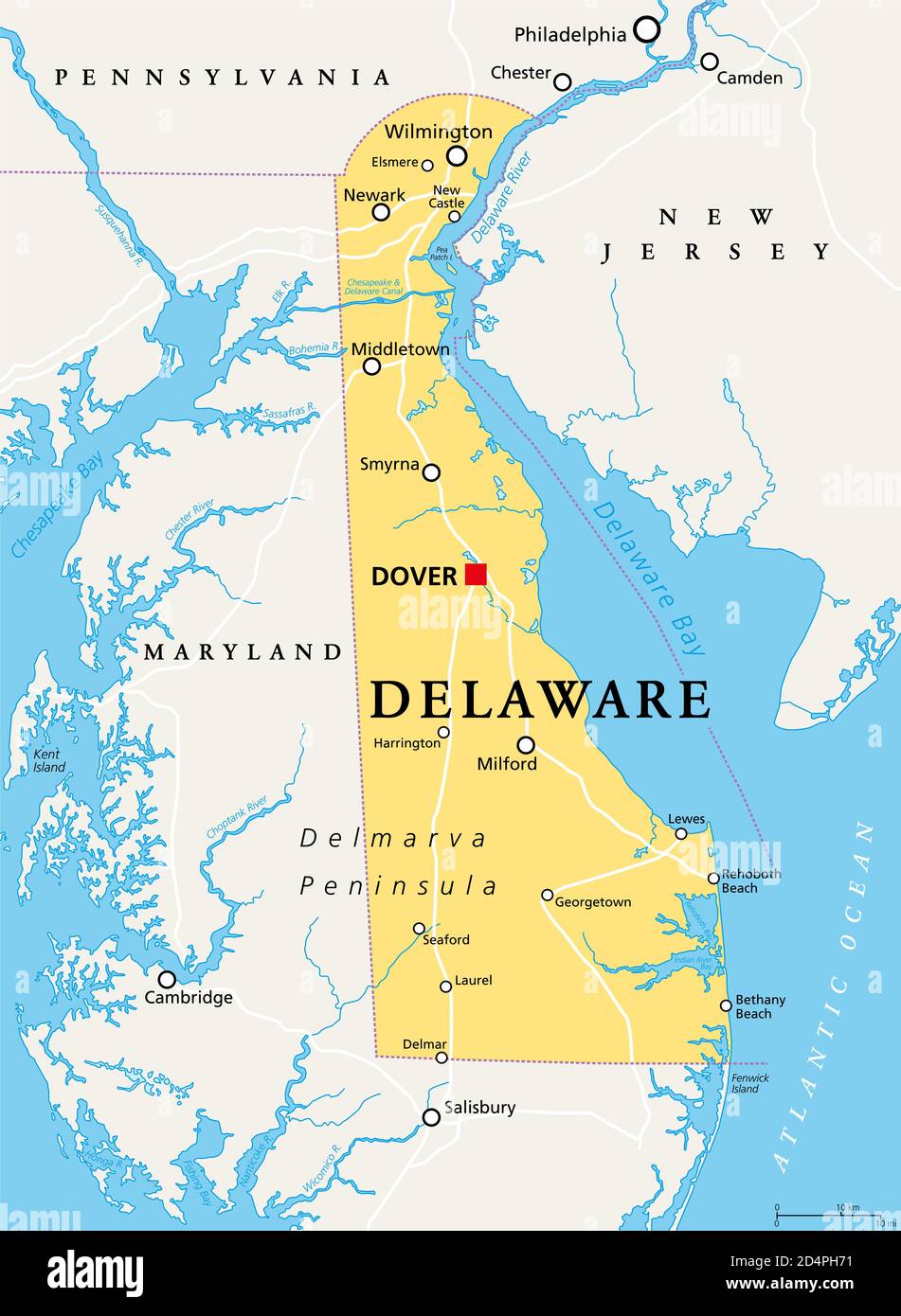 Delaware, DE, mapa político. Estado en la región del Atlántico Medio de los Estados Unidos de América. Capital Dover. El primer Estado, la pequeña maravilla. Foto de stock